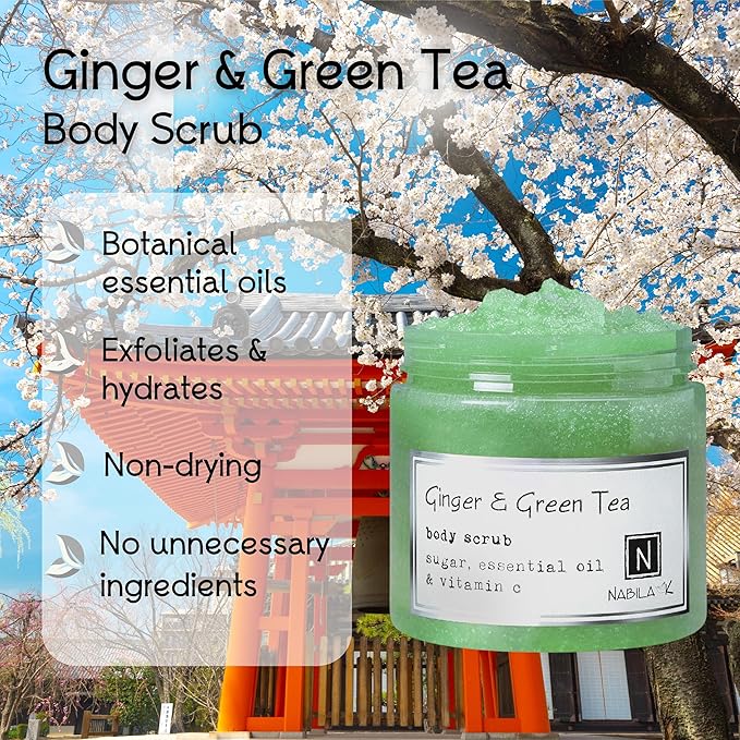 Ginger & Green Tea Body Scrub Made in USA with Essential Oil and Vitamin C by Nabila K - Exfoliate and Moisturize for Smooth Skin - Luxury for Women & Men, 10 oz