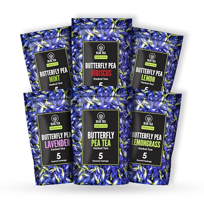 BLUE TEA - Butterfly Pea Flower Tea Gift Set (6 Flavors, 30 Count - Plant Based) | FLORAL FLAVOR | Caffeine Free - Non-Bitter - Herbal Tea - Variety pack - Flower Based | Gifts for Him and Her