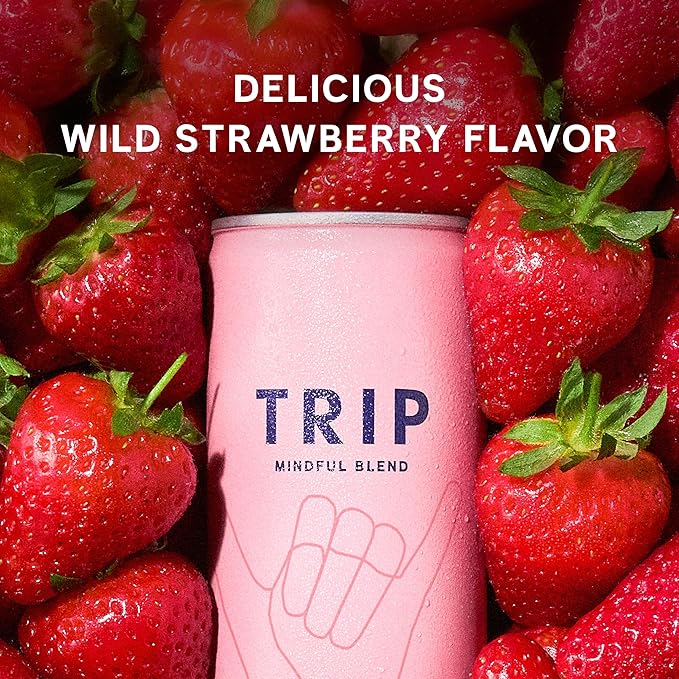 Trip Drink Mindful Blend, Lightly Sparkling Adaptogen Seltzer, Adaptogen Drink 120 MG Magnesium Citrate with Ashwagandha, Lions Mane & L Theanine, No Added Sugar, Low Calorie, Vegan, Wild Strawberry, 12 Oz, 12Pk