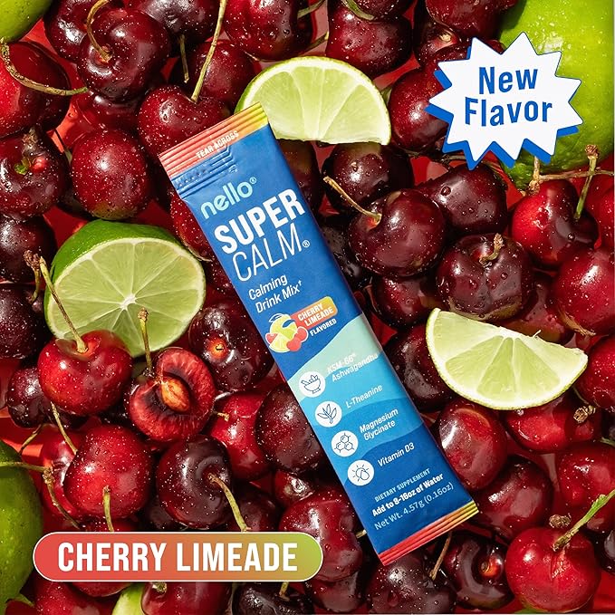 Nello Supercalm Drink Mix - Ashwagandha KSM 66, Magnesium Glycinate & L-Theanine Supplement - Ashwagandha Root Extract - Focus and Relaxation Support (20 Travel Packets) - Cherry Limeade