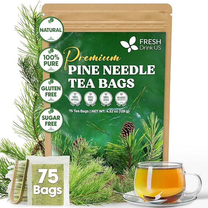 FreshDrinkUS, Pine Needle Tea Bags β 75 Tea Bags, Naturally Caffeine-Free, Refreshing Herbal Tea, Wild-Harvested Pine Leaves, Aromatic and Soothing β Non-GMO & Eco-Friendly Packaging