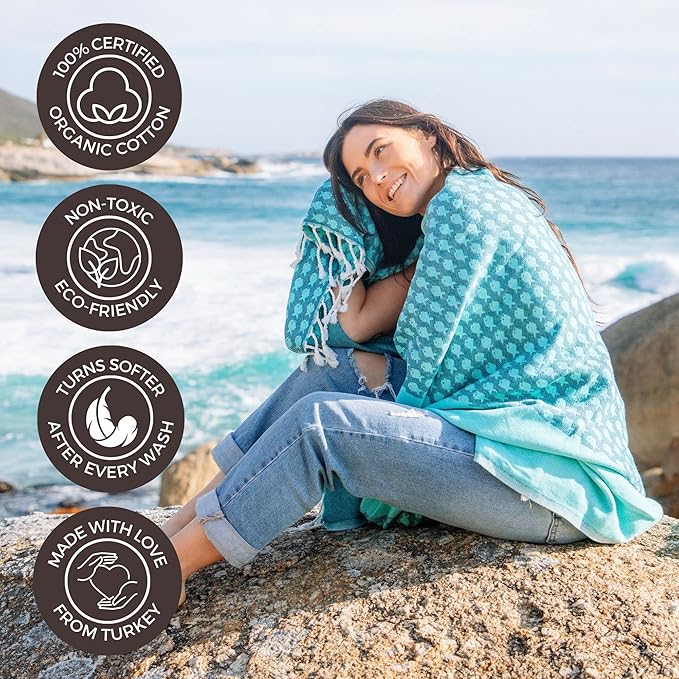 FESHKA Sand Proof Turkish Beach Towel – Oversized, Quick Dry & Lightweight Travel Towel - 100% Organic Cotton Beach Blanket - Perfect for Bath, Pool & Picnic | Big Fish (Teal/Turquoise)