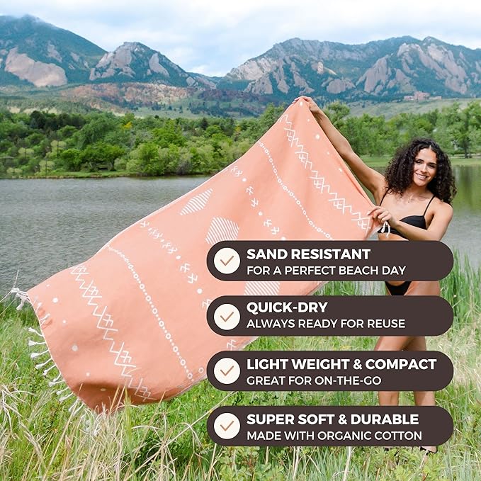 FESHKA Sand Proof Turkish Beach Towel – Oversized, Quick Dry & Lightweight Travel Towel - 100% Organic Cotton Beach Blanket - Perfect for Bath, Pool & Picnic | Gingerbread (Rust)