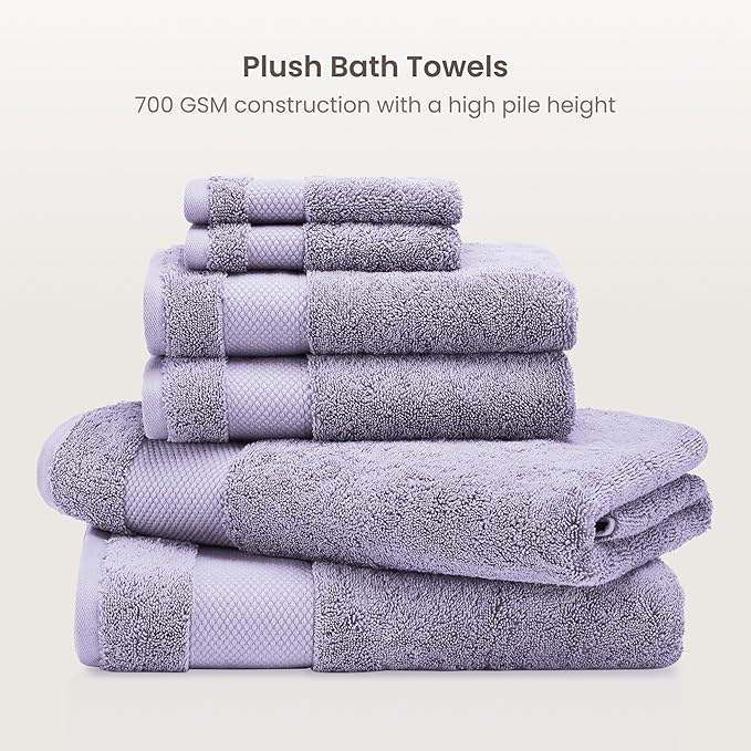 BIOWEAVES 100% Organic Cotton Bath Towel Set | 700 GSM Plush 6-Piece Premium Towel Set GOTS Certified, 2 Bath Towels, 2 Hand Towels & 2 Washcloths - Lavender