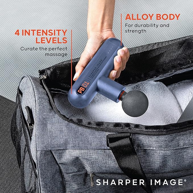 Sharper Image Powerboost Move - Mini Percussion Massage Gun| 4 Attachments, 4 Speeds, FSA Eligible| Full Body Back & Shoulder Massager| Deep Tissue Muscle Recovery| Portable Pain Relief Massage Tool