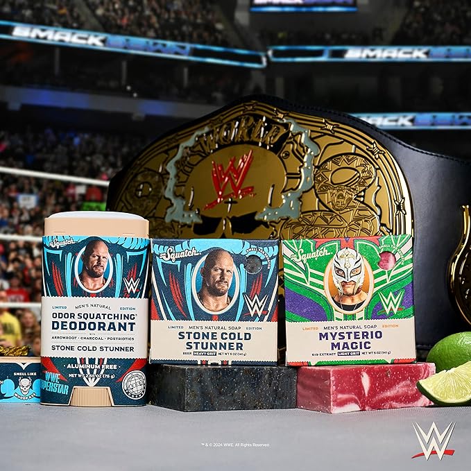 Dr. Squatch WWE Collection - Natural 4 Soap, 2 Deodorant Gift Set - Cold Process Soap with No Harsh Chemicals - Stone Cold Stunner & Mysterio Magic (6 Pack)