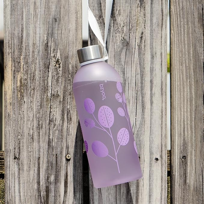 bzyoo 32oz 1 Liter Clear Water Bottle with Time Marker, Leaf Design, Durable Plastic, BPA-Free, Reusable with Measurement Markings for Fitness and Outdoor Activities (Color: Purple)