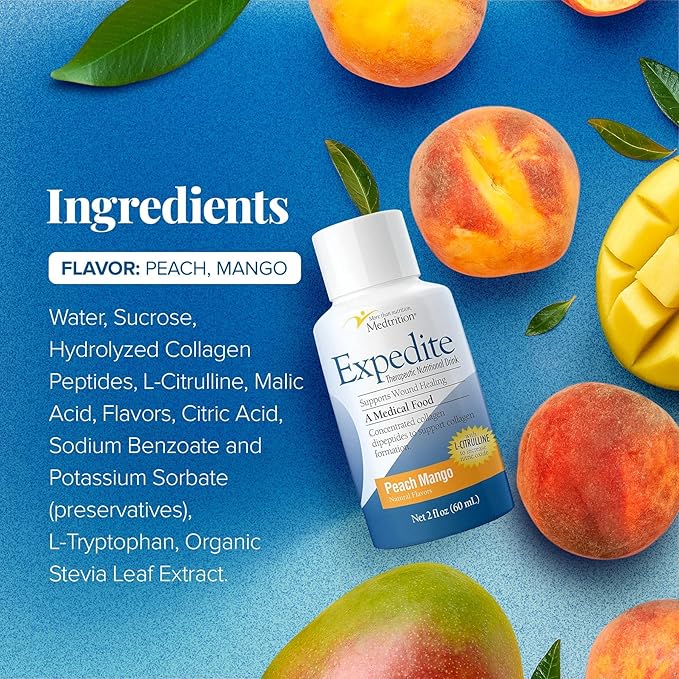 Medtrition Expedite Liquid Collagen, Peach Mango, 2 Fl Oz, Pack of 24 - Nutrition Support for General, Orthopedic & Cosmetic Surgery Recovery