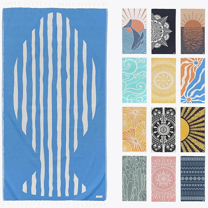 FESHKA Sand Proof Turkish Beach Towel – Oversized, Quick Dry & Lightweight Travel Towel - 100% Organic Cotton Beach Blanket - Perfect for Bath, Pool & Picnic | Blue Stripes (Blue)