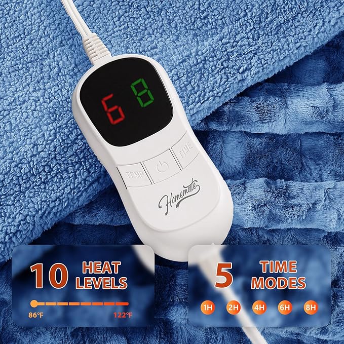 Homemate Electric Heated Blanket Full Size - 72"x84" Heating Blanket Full Size 1/2/4/6/8 Hours Auto-Off 10 Heat Level Over-Heat Protection Luxury Faux Fur Sherpa ETL Certification