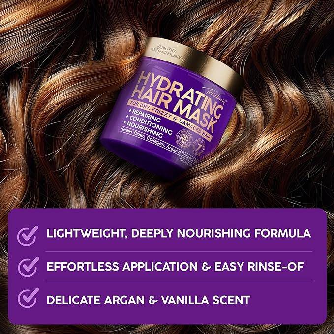 NUTRAHARMONY Hydrating Hair Mask for Dry, Frizzy & Damaged Hair โ Deep Conditioning Keratin Treatment with Argan & Coconut Oils, Collagen & Biotin โ Repairing, Anti-Frizz Hair Mask for Women, 10oz