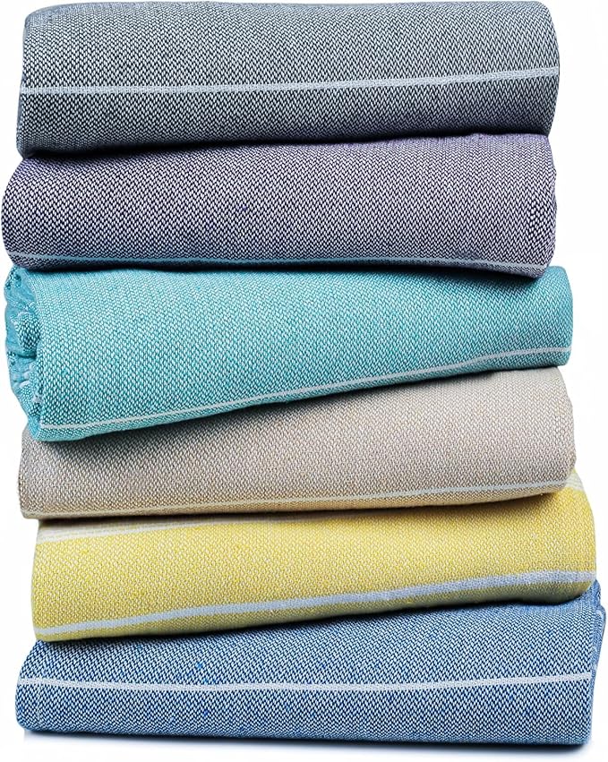 HILLFAIR Cotton Turkish Beach Towels- Lightweight Sand Free Peshtemal Hammam Towels for Bath Swim Yoga Spa- XXL Oversized Beach Towel (39 x 72 inch - 6 Pack Multicolor)