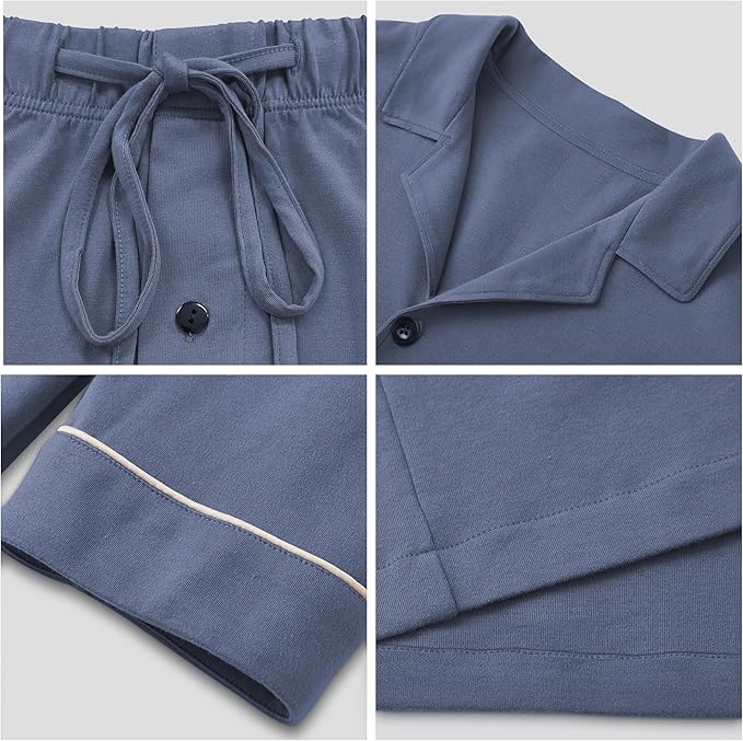 COLORFULLEAF Men's 100% Cotton Short Sleeve Pajama Sets Button Down Notched Collar Sleepwear Soft Lounge Pjs with Pockets