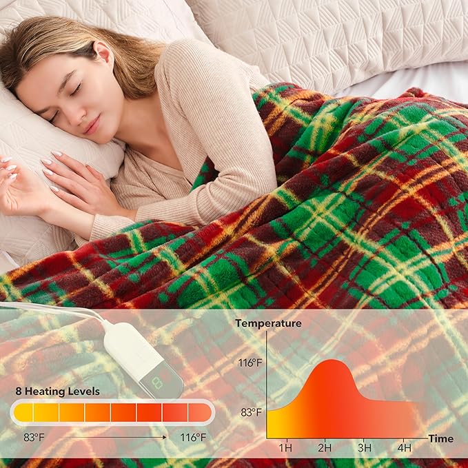 MAXEVE Faux Rabbit Fur Electric Heated Blanket King Size for Bed, Sherpa Buffalo Plaid Christmas Heating Blanket with 8 Heating Levels & 8 Hours Auto Off, Over-Heat Protection,ETL Certified,Red