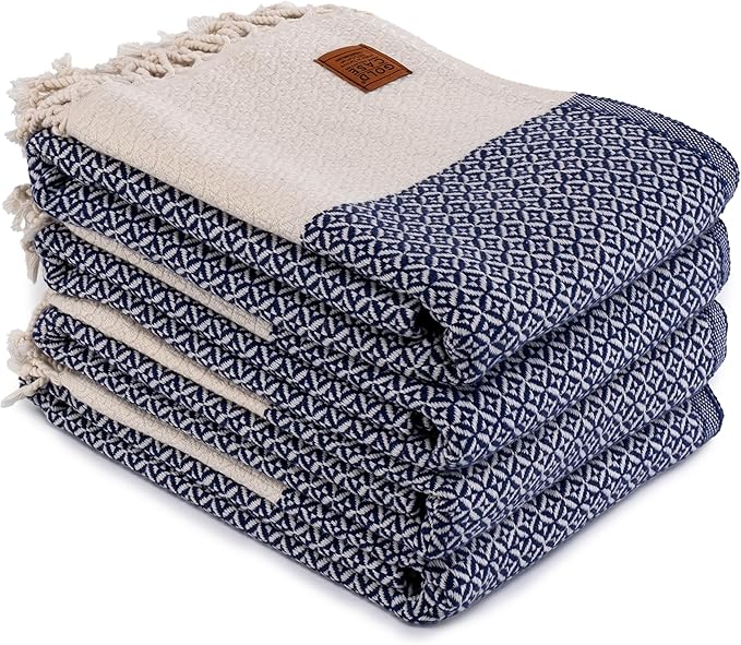 Gold CASE Turkish Beach Towel Set of 4 – 100% Cotton Large Turkish Bath Towels 67 x 38'' – Aphrodite Extra Large, Quick Dry & Sand Free Towels – Peshtemal for Pool – Navy Blue