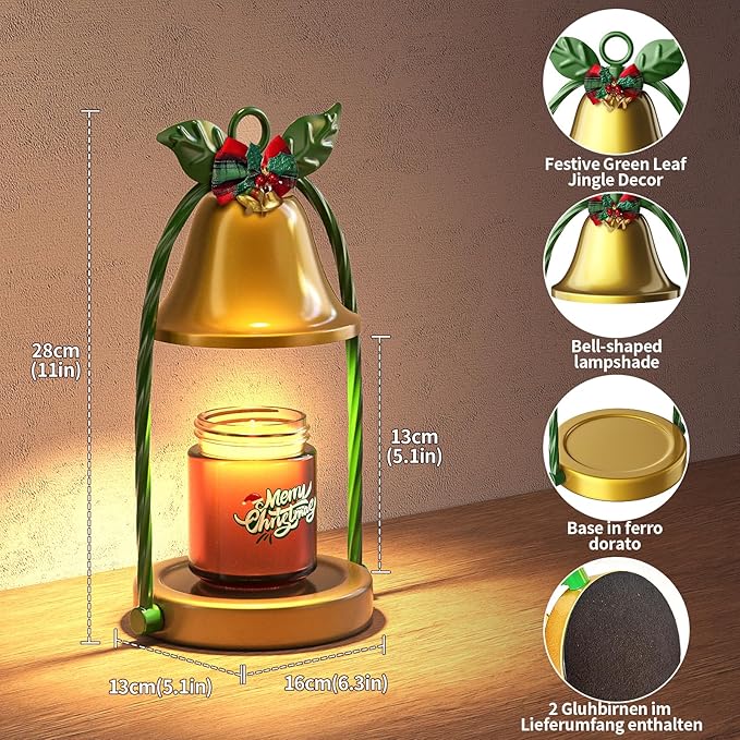 Christmas Candle Warmer Lamp - Gold Base with Green Accents, Bell-Shaped Shade, Adjustable Timer & 4 Dimming Modes, Flameless Heater for Candles Under 4 Inches, Festive Home Decor (Christmas)