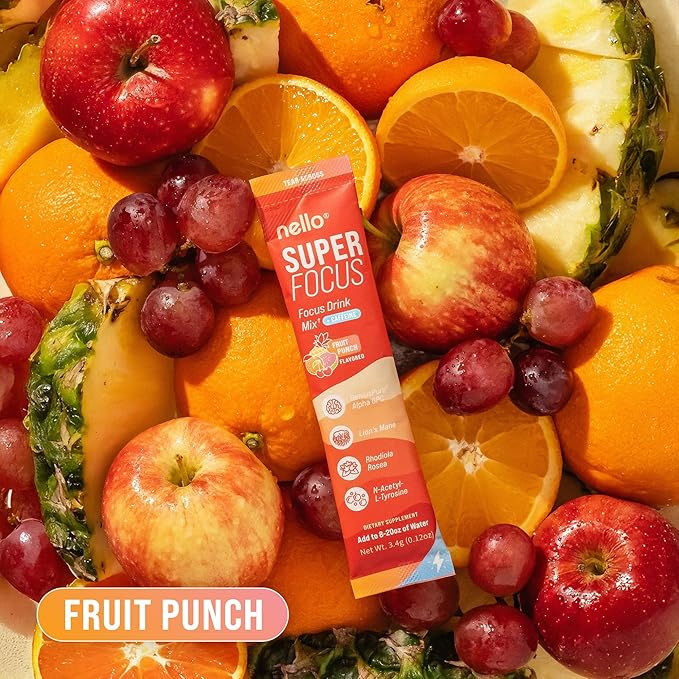 SuperFocus Fruit Punch with Caffeine– Nootropic Focus Drink Mix, 20 On-The-Go Packets, Alpha GPC, Lion’s Mane, Rhodiola, Sugar-Free