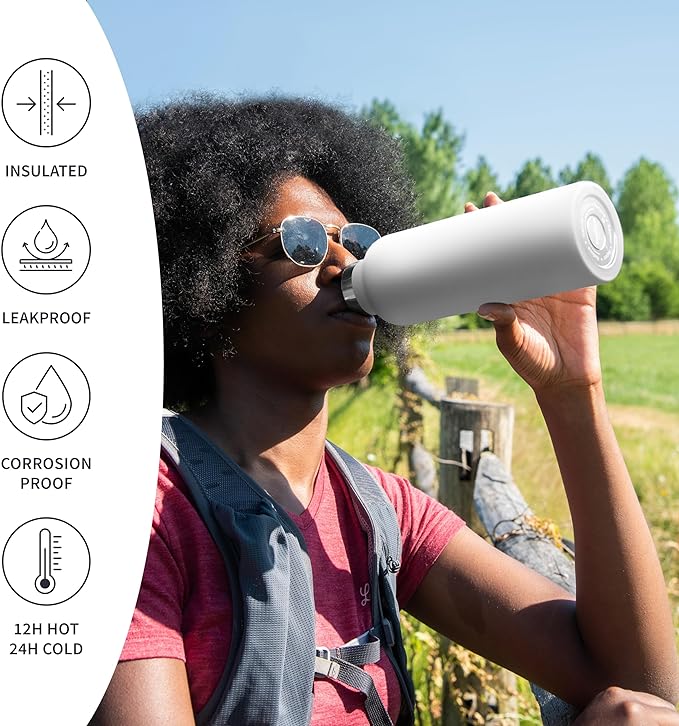 Bambaw Insulated Water Bottle 16 oz, White Water Bottle BPA Free, Stainless Steel Water Bottle, Travel Water Bottle with Handle, Metal Water Bottle Stainless Steel – Polar White