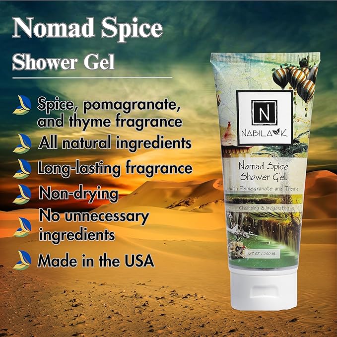 Nabila K Nomad Spice Shower Gel Refreshing Body Wash with Pomegranate & Thyme, 6.7 oz - Naturally Derived, Sulfate-Free, Paraben-Free - Made in the USA