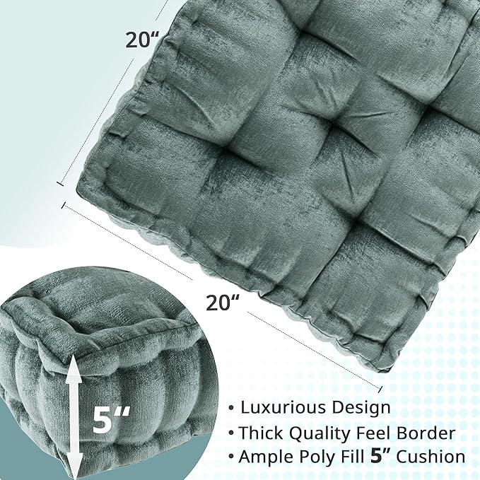 Intelligent Design Azza Floor Pillow, Large Cushions Sitting for Adults, Floor Pillow for Meditation or Yoga, Lustrous Chenille Tufted with Scalloped Edges for Bench/Chair Cushion, 20"x20"x5" Aqua