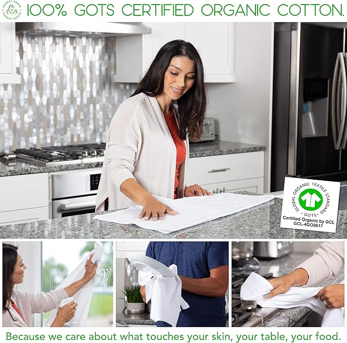 GOTS Certified 100% Organic Flour Sack Cotton Kitchen Hand and Dish Towel Sets - Extra Large 27x27 inches, Fully Hemmed, 12-Pack, Natural Tan