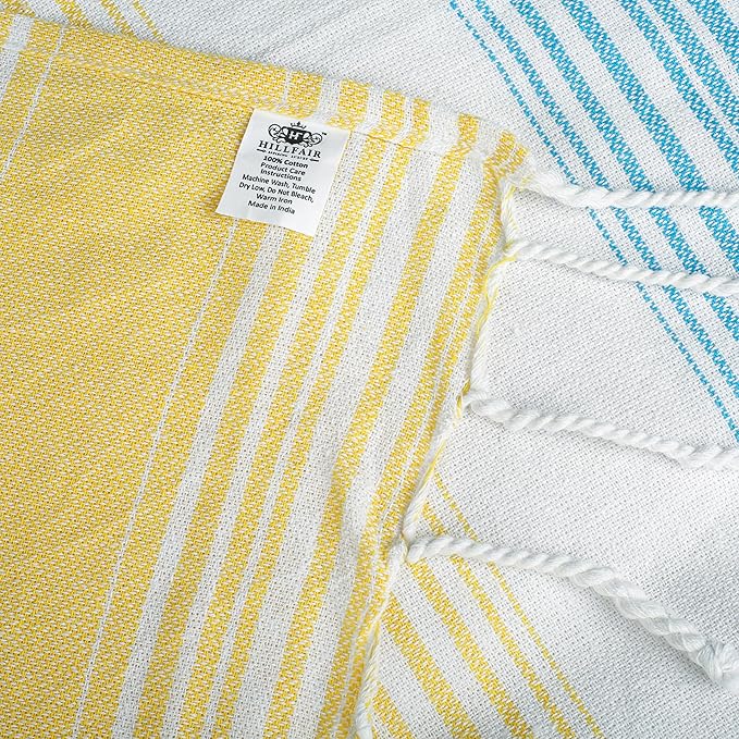 HILLFAIR Cotton Turkish Beach Towels, Quick Dry Lightweight Sand Free Peshtemal Towel for Bath Swim Yoga Travel, Beach Accessories, Oversized Cotton Turkish Towels (39 x 72 inch- 4 Pack Yellow Blue)