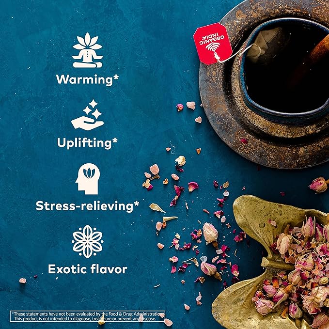 ORGANIC INDIA Tulsi Cinnamon Rose Tea Bags - Tulsi Rose Tea Bags, Cinnamon Tea Bags with Holy Basil, Chamomile, Stevia, USDA Certified Organic Caffeine Free Herbal Tea - 18 Infusion Bags, 6 Pack