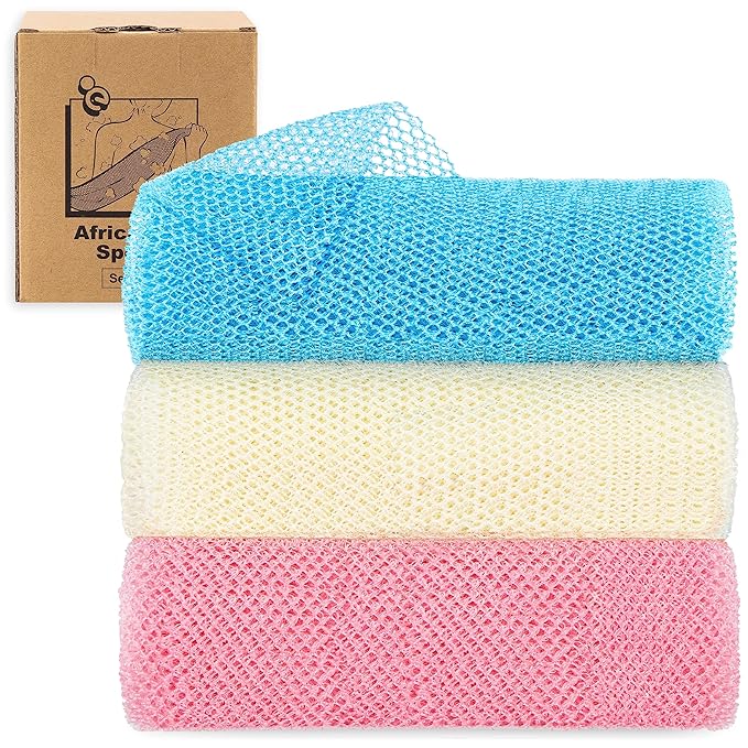 myHomeBody African Net Sponge, African Bath Sponge, Body Exfoliator Scrubber, Bath Washcloths, Exfoliating Net, Shower Back Scrubber, Set of 3, Light Blue, Beige, Pink