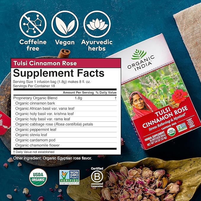 ORGANIC INDIA Tulsi Cinnamon Rose Tea Bags - Tulsi Rose Tea Bags, Cinnamon Tea Bags with Holy Basil, Chamomile, Stevia, USDA Certified Organic Caffeine Free Herbal Tea - 18 Infusion Bags, 6 Pack