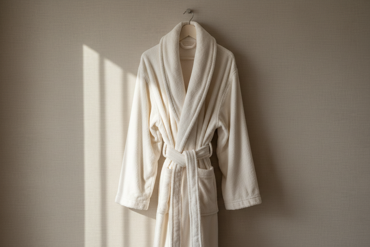 Gloowra luxurious bathrobe hanging on beige wall