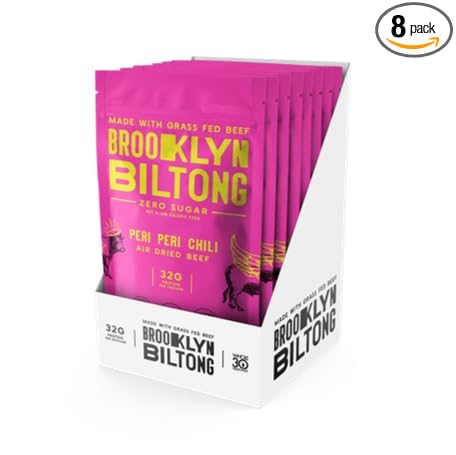 Brooklyn Biltong Air Dried Grass Fed Beef Snack, South African Beef Jerky (2 oz, Pack of 8) - Whole30 Approved, Paleo, Keto, Gluten Free, Sugar Free, Made in USA - (Peri Peri)