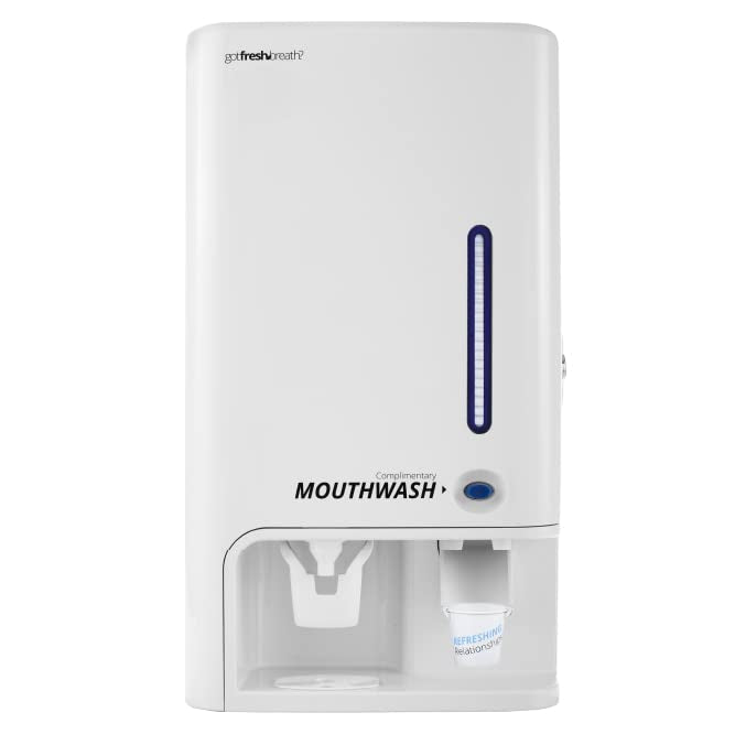 GotFreshBreath Manual Mouthwash Dispenser with Cup Holder – Standing or Wall-Mounted, Slim, Commercial Mouthwash Dispenser with 100 Cups & 50 Oz. Alcohol-Free Mouthwash (White)