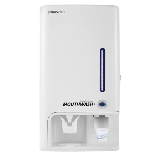 GotFreshBreath Manual Mouthwash Dispenser with Cup Holder – Standing or Wall-Mounted, Slim, Commercial Mouthwash Dispenser with 100 Cups & 50 Oz. Alcohol-Free Mouthwash (White)