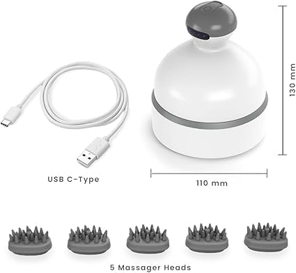 Electric Scalp Massager Hair Care w/ 4 Massage Modes & Oil Compartment - Head Massager Scalp Comfort - Removable Silicone Heads, Rechargeable, Soothing Sensation - Portable Cordless Scalp Massager