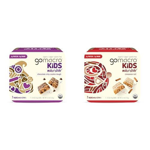 GoMacro Kids MacroBar Organic Vegan Snack Bars – Chocolate Chip Cookie Dough & Cinnamon Roll (0.90 Ounce Bars, 7 Count) (Pack of 2)