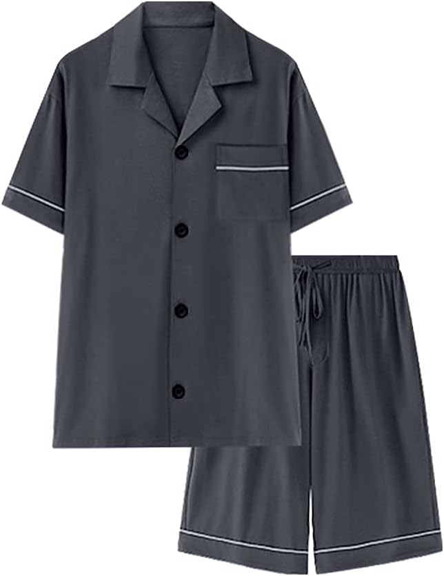 COLORFULLEAF Men's 100% Cotton Short Sleeve Pajama Sets Button Down Notched Collar Sleepwear Soft Lounge Pjs with Pockets