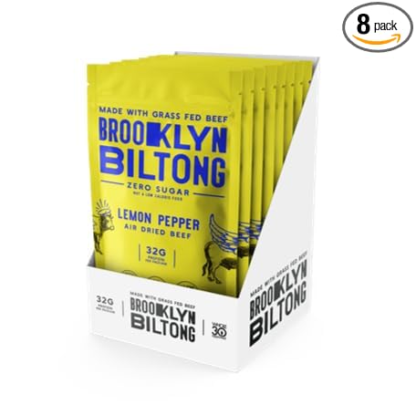 Brooklyn Biltong Air Dried Grass Fed Beef Snack (2 oz, Pack of 8) - Whole30 Approved, Paleo, Keto, Gluten Free, Sugar Free, Made in USA (Lemon Pepper)