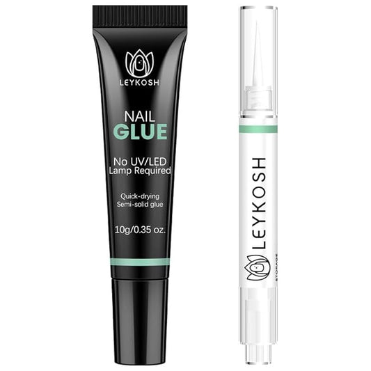 Nail Glue for Press Ons 10g & 5ml 2 in 1 Remover Pen Set, Quick Drying Semi Solid Glue on Nails No Lamp Needed Long Lasting 28+ Days, Gentle Removal Fake Acrylic Nail Tips Not for Gel Polish Base Coat