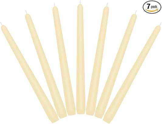 7 Packs Light Yellow Taper Candles, Unscented Smokeless Non-Toxic 10 Inch Tall Skinny Wax Candlesticks with Cotton Wicks for Burning Approxinately 7-8 Hours Time