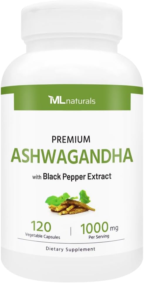 ML Naturals Premium Organic Ashwagandha 1000 mg per Serving, 120 Vegetable Capsules with Black Pepper Extract, Non-GMO, Gluten Free, NSF-Certified & cGMP-Compliant, Third-Party Lab Tested