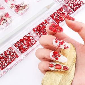 Nibiru 3830Pcs Red Multi Shapes Rhinestones Glass Diamonds Kit for Nail Art Jewels Decoration, Shiny Flatback Mix Size with Wax Pen