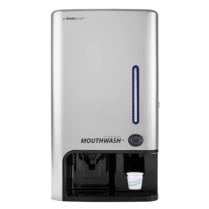 GotFreshBreath Manual Mouthwash Dispenser with Cup Holder – Standing or Wall-Mounted, Slim, Commercial Mouthwash Dispenser with 100 Cups & 50 Oz. Alcohol-Free Mouthwash (Nickel)…