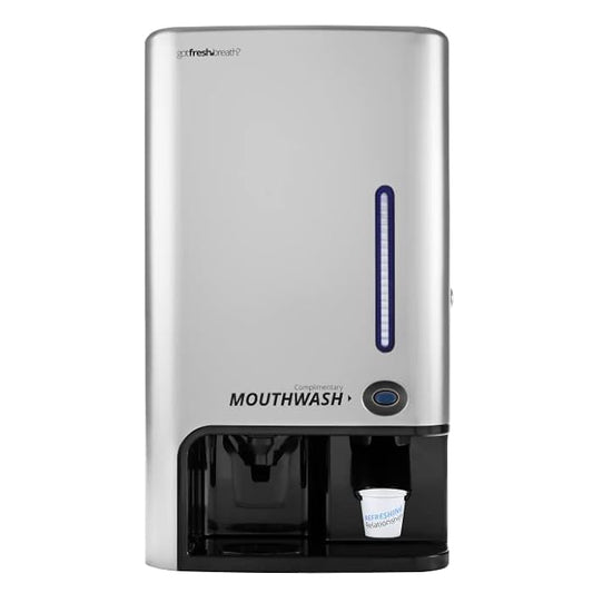 GotFreshBreath Manual Mouthwash Dispenser with Cup Holder – Standing or Wall-Mounted, Slim, Commercial Mouthwash Dispenser with 100 Cups & 50 Oz. Alcohol-Free Mouthwash (Nickel)…