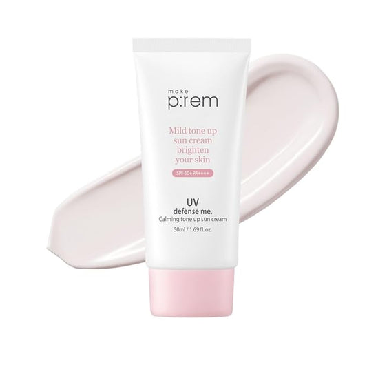 MAKE P:REM UV Defense Me. Calming Tone Up Sunscreen, Non-Nano Zinc Oxide, Reef Safe, Chemical Free, Non-Greasy, SPF 50, Korean Sunscreen,1.69 fl oz, 50ml