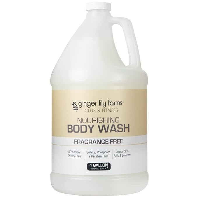 Ginger Lily Farms Club & Fitness Nourishing Body Wash, 100% Vegan & Cruelty-Free, Bath & Shower Gel for Men and Women, Fragrance Free, 1 Gallon (128 fl. oz.) Refill