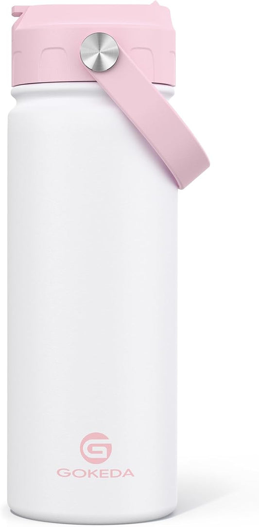 18oz Kids Water Bottle, Insulated Water Bottles with Stickers, 18/8 Stainless Steel Vacuum Leak Proof Straw Cup for School, Gifts for Boys Girls(Pink,White)