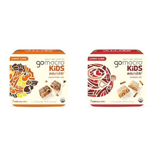 GoMacro Kids MacroBar Organic Vegan Snack Bars – Peanut Butter Cup & Cinnamon Roll (0.90 Ounce Bars, 7 Count) (Pack of 2)
