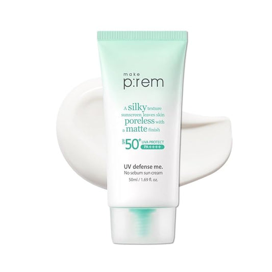 MAKE P:REM UV Defence me. No Sebum Sunscreen, SPF 50+ PA++++ Reef-Safe Silky Texture with Poreless and Matte Finish, UVA/UVB Protection, Korean Sunscreen, 1.69 fl oz, 50ml