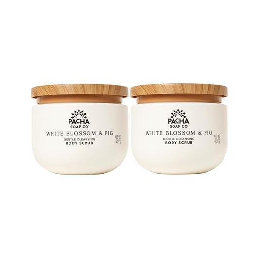 Pacha Soap Co. Whipped Cleansing Scrub, White Blossom & Fig - Premium, Handcrafted, Exfoliating Soap Scrub with Pumice for Face & Body, Soothing Essential Oils, Clean Ingredients 2-Pack (15 oz Ea)