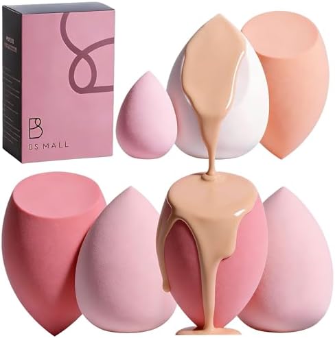 Makeup Sponge Set BS-MALL with Storage Case 7 Pcs for Liquid, Cream, and Powder,SAVE Foundation with 1 Mini Makeup Sponge For Travel Daily Use (A-Pink）